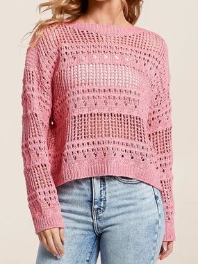 🔅24 hrs left🔅 Women's Open-Knit Crewneck Sweater in Pink
